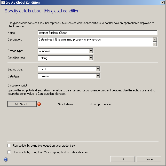 Global Condition IE Check dialog box