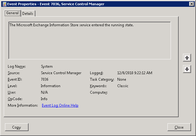 Exchange2010 System Event 7036